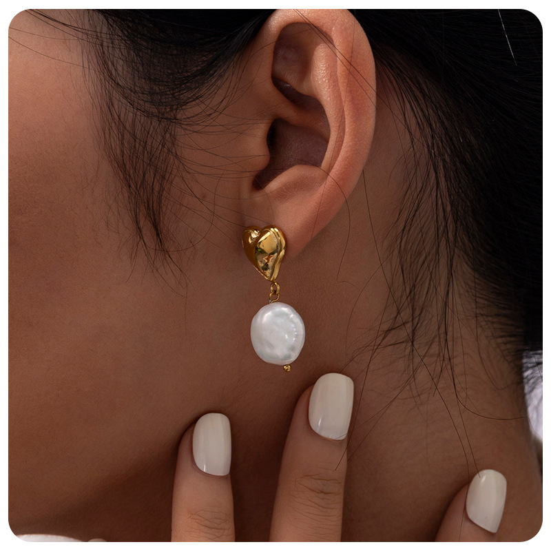 Elegant Heart Baroque Pearl Stainless Steel Earrings for Timeless Style - Image 2