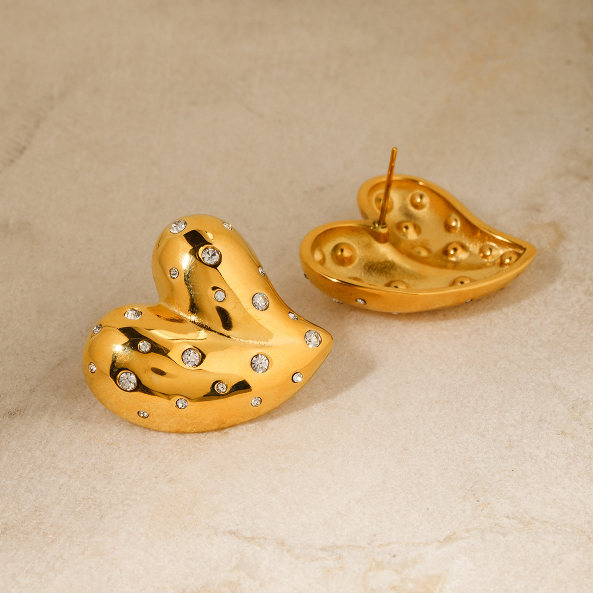 Elegant 18K Gold Stainless Steel Heart Earrings with White Diamond Inlay - Image 7