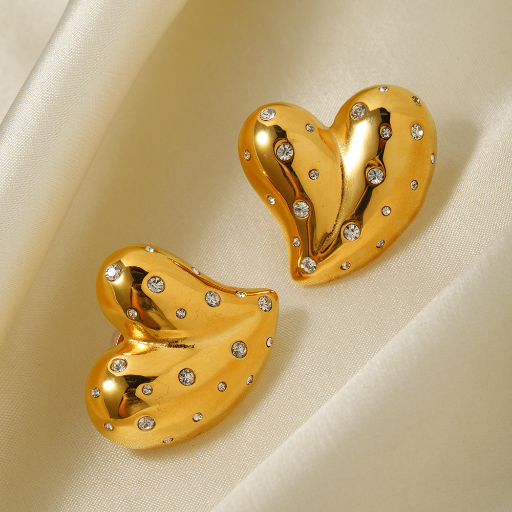 Elegant 18K Gold Stainless Steel Heart Earrings with White Diamond Inlay - Image 8