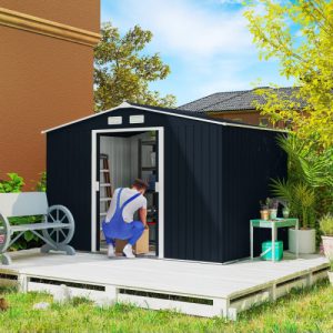 Outsunny 9x6ft Metal Bicycle Shed - Outdoor Storage Tool House with Ventilation, Foundation Kit & Lockable Double Doors in Dark Grey