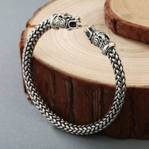 Asgard Handcrafted Small Stainless Steel Grey Wolf Head Torc Bracelet
