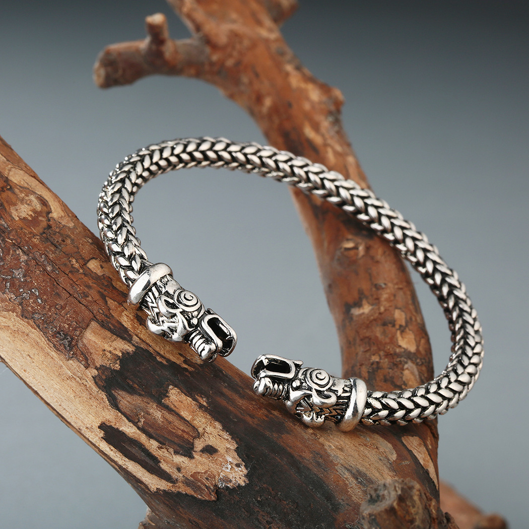 Asgard Handcrafted Small Stainless Steel Grey Wolf Head Torc Bracelet - Image 5