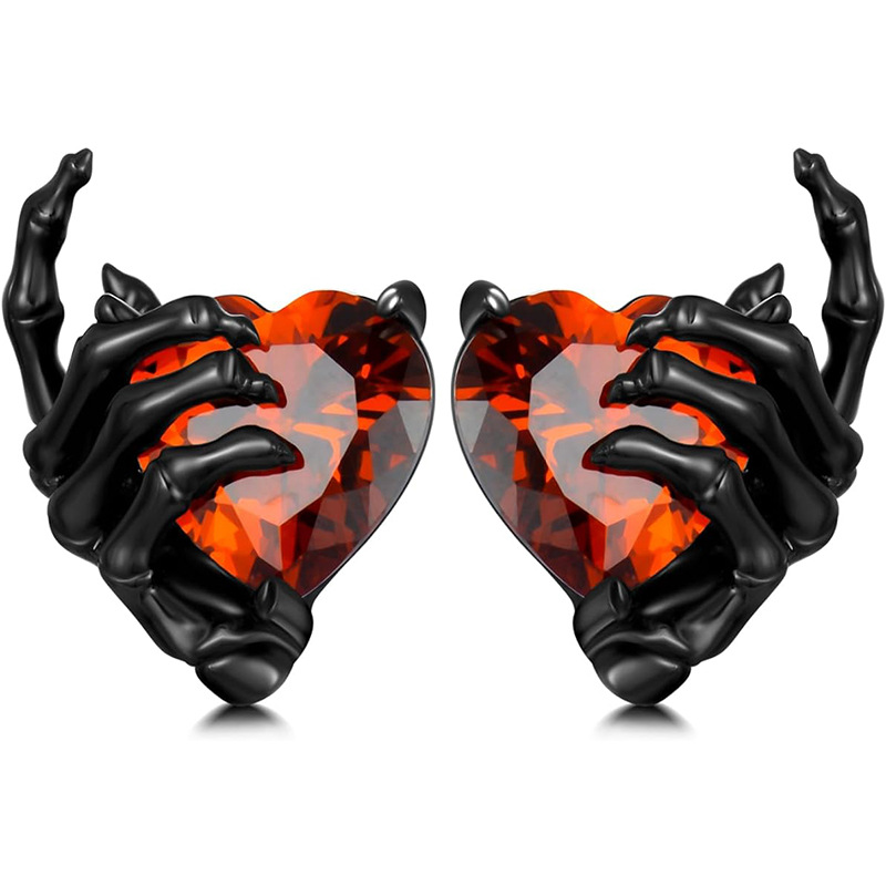 Vintage Dark Series Ghost Hand Heart-Shaped Diamond Ear Studs - Image 5