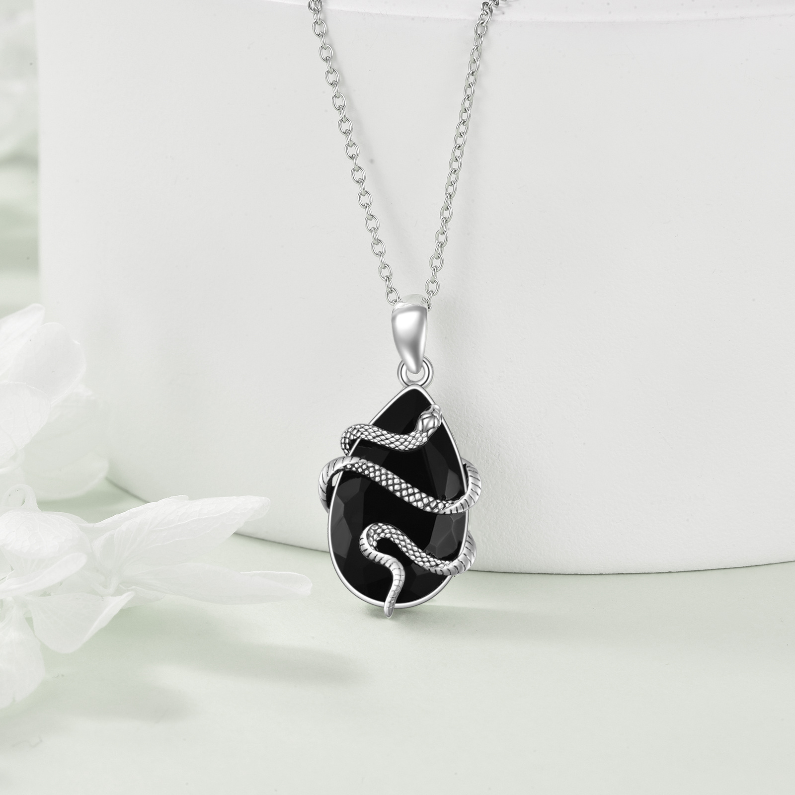 Sterling Silver Black Obsidian and Tourmaline Crystal Snake Necklace - Perfect Gift Jewelry - Image 3