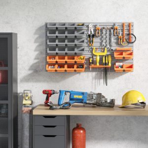 DURHAND 44 Piece Wall Mounted Pegboard Tool Organizer Rack Kit with Multiple Storage Bins, Pegboard, & Hooks in Vibrant Orange