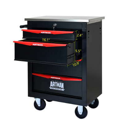 4-Drawer Multifunctional Tool Cart with Wheels - Metal Rolling Storage for Garage, Workshop, and Repair Shop - Stainless Steel Top - BLACK RED - Image 5