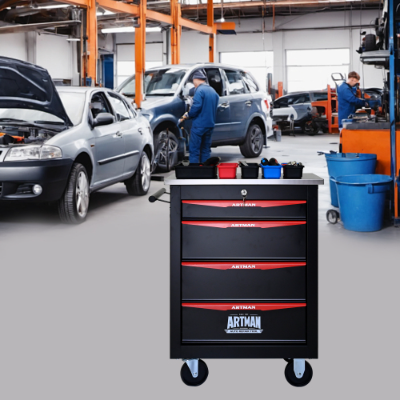 4-Drawer Multifunctional Tool Cart with Wheels - Metal Rolling Storage for Garage, Workshop, and Repair Shop - Stainless Steel Top - BLACK RED - Image 6