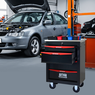 4-Drawer Multifunctional Tool Cart with Wheels - Metal Rolling Storage for Garage, Workshop, and Repair Shop - Stainless Steel Top - BLACK RED - Image 11