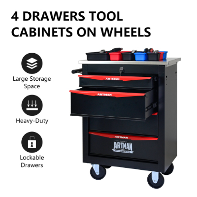 4-Drawer Multifunctional Tool Cart with Wheels - Metal Rolling Storage for Garage, Workshop, and Repair Shop - Stainless Steel Top - BLACK RED - Image 13