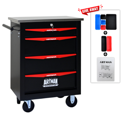 4-Drawer Multifunctional Tool Cart with Wheels - Metal Rolling Storage for Garage, Workshop, and Repair Shop - Stainless Steel Top - BLACK RED - Image 16