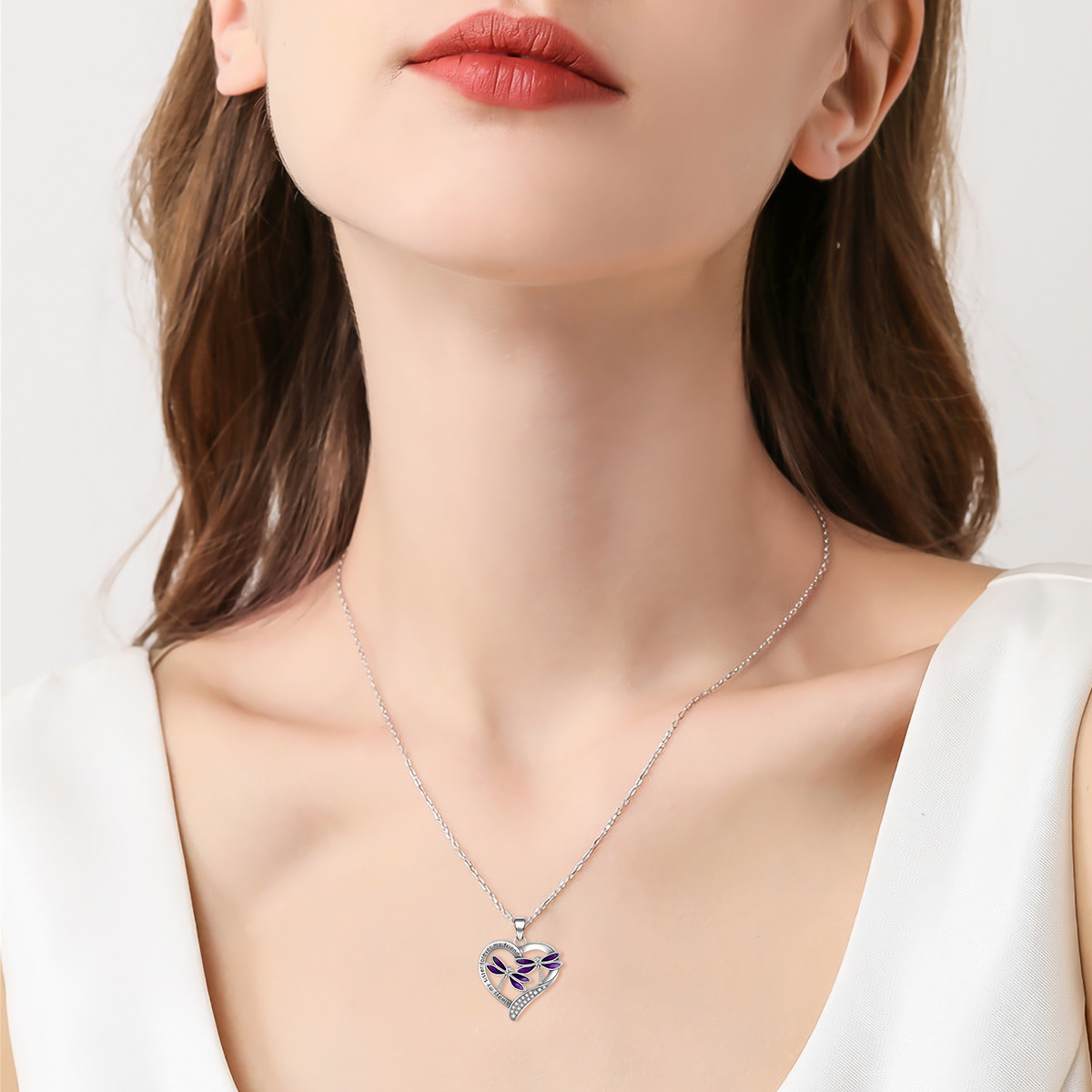 Stunning Purple Dragonfly Pendant Necklace in White Gold Plated Sterling Silver - Image 2