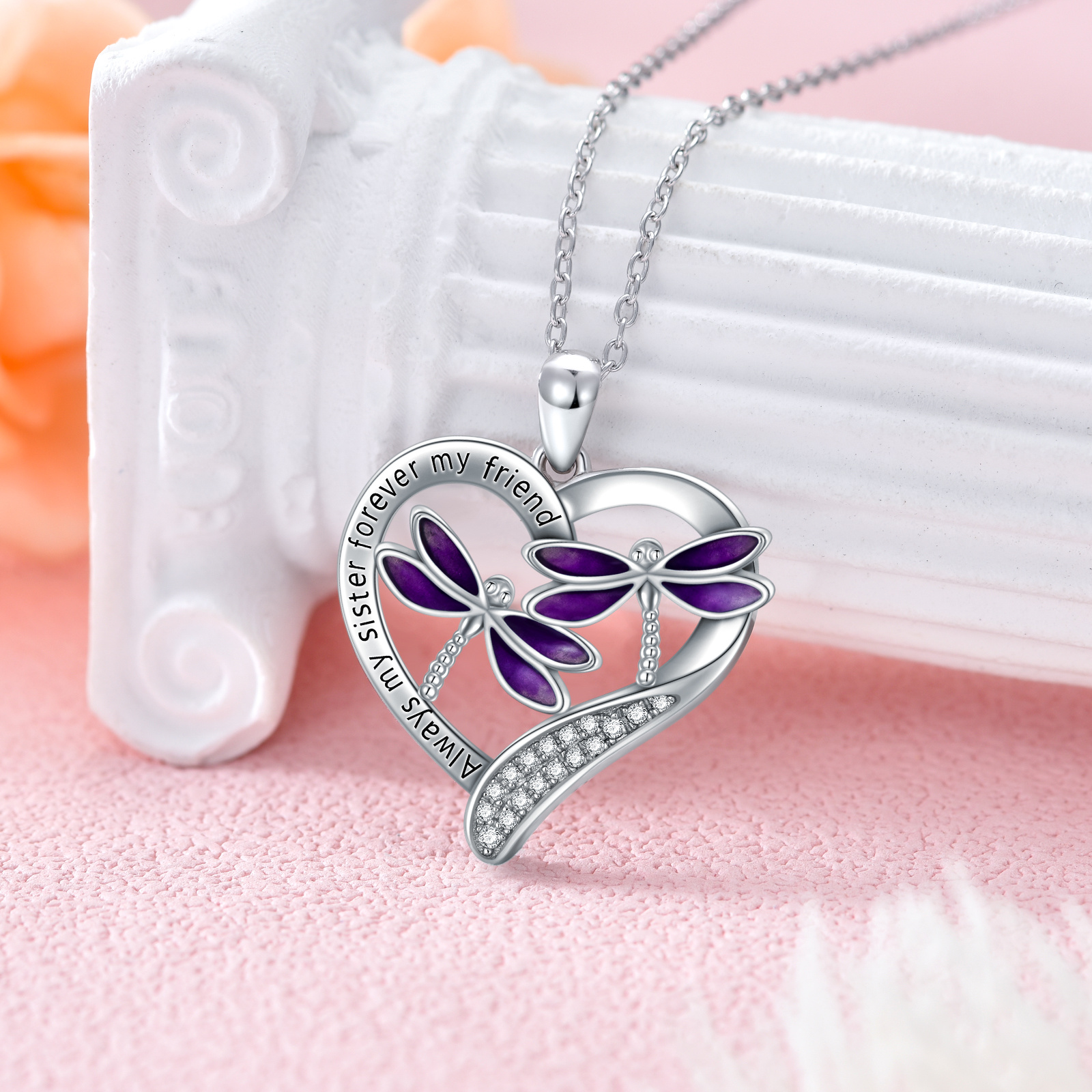 Stunning Purple Dragonfly Pendant Necklace in White Gold Plated Sterling Silver - Image 3