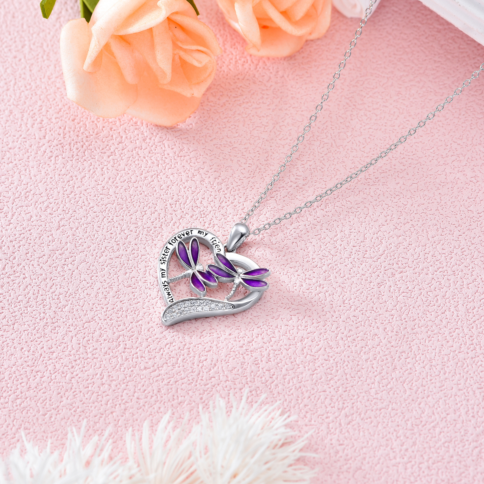 Stunning Purple Dragonfly Pendant Necklace in White Gold Plated Sterling Silver - Image 4