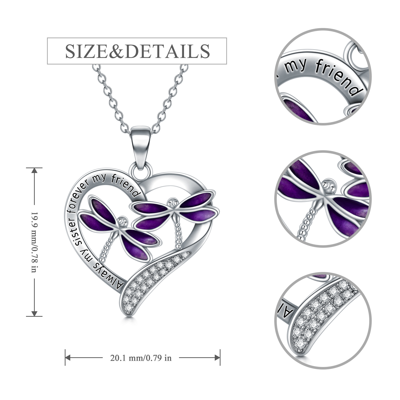 Stunning Purple Dragonfly Pendant Necklace in White Gold Plated Sterling Silver - Image 5