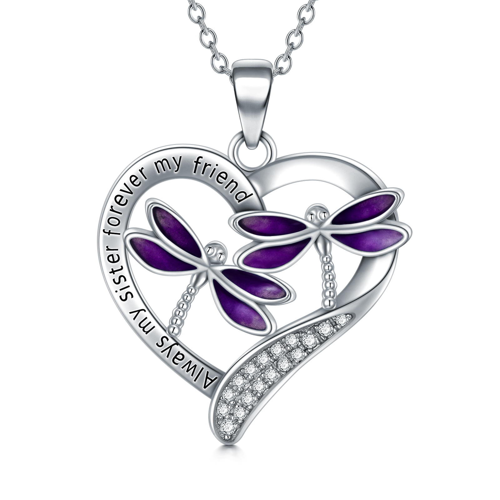 Stunning Purple Dragonfly Pendant Necklace in White Gold Plated Sterling Silver - Image 7