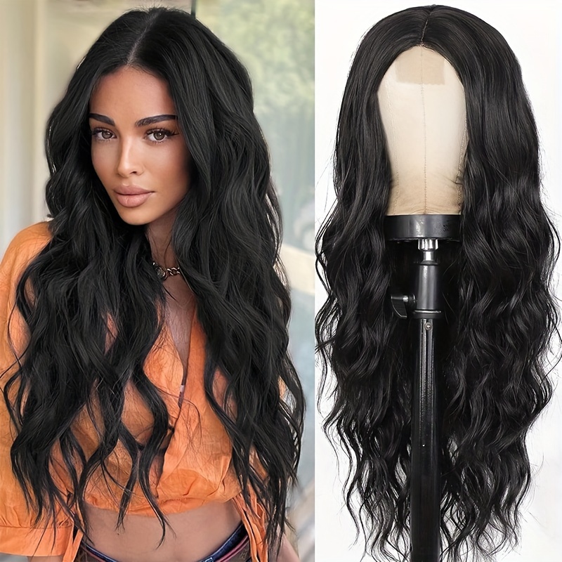 26 Inch Women's Black Long Wave Non-Toxic Synthetic Wig, Heat-Resistant Small Lace Natural Hairpiece for All Occasions