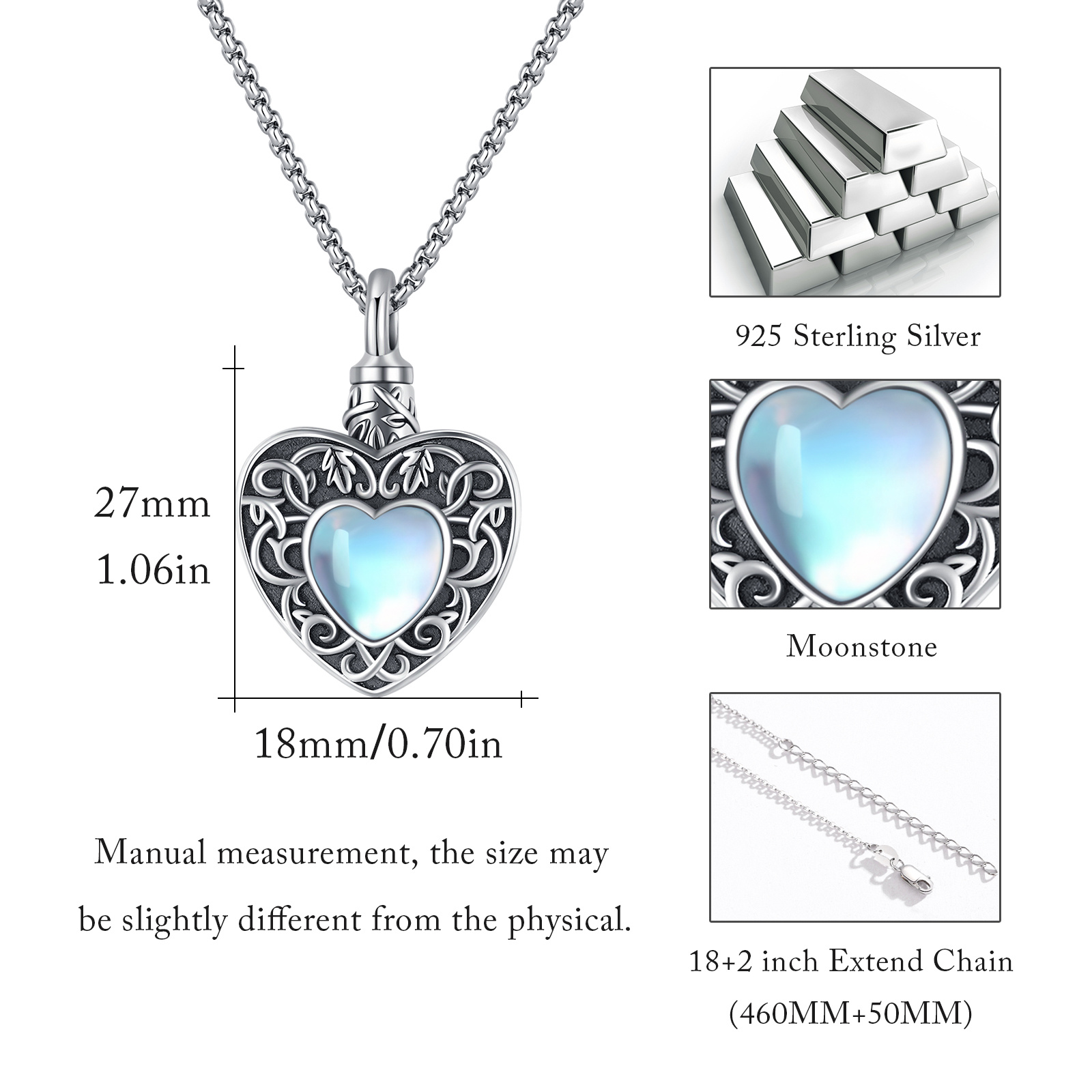 Heart Urn Necklace - 925 Silver Moonstone Cremation Jewelry for Ashes - Image 5