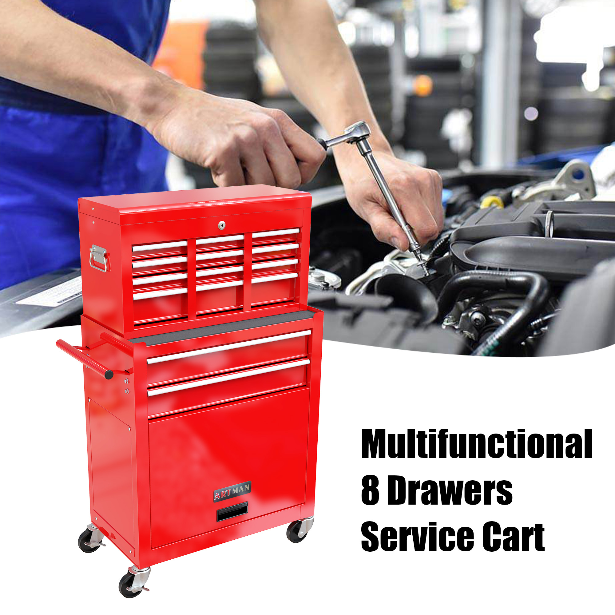 High Capacity Rolling Tool Box with Wheels & Drawers - 8 Drawer Tool Storage Cabinet for Ultimate Organization - Image 7