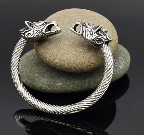 Asgard Handcrafted Large Grey Wolf Head Torc Bracelet in Stainless Steel