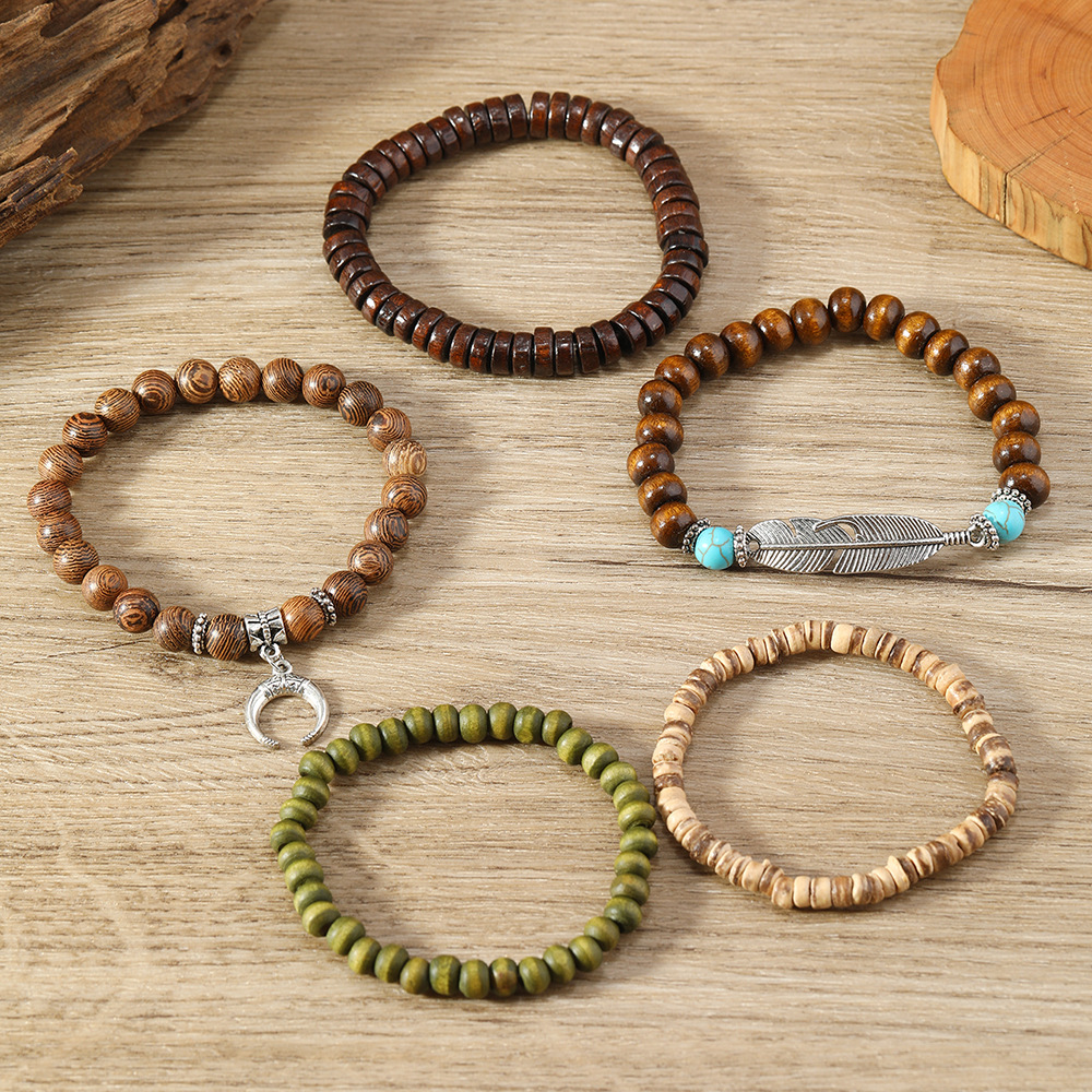 Chic Bohemian Feather Crescent Wooden Bead Bracelet for Stylish Looks - Image 2