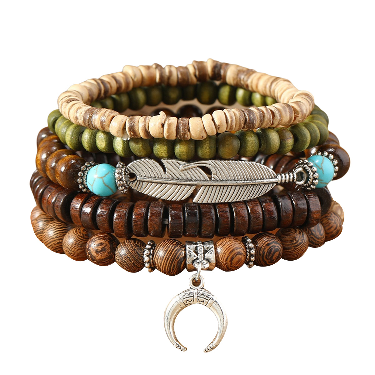 Chic Bohemian Feather Crescent Wooden Bead Bracelet for Stylish Looks - Image 5