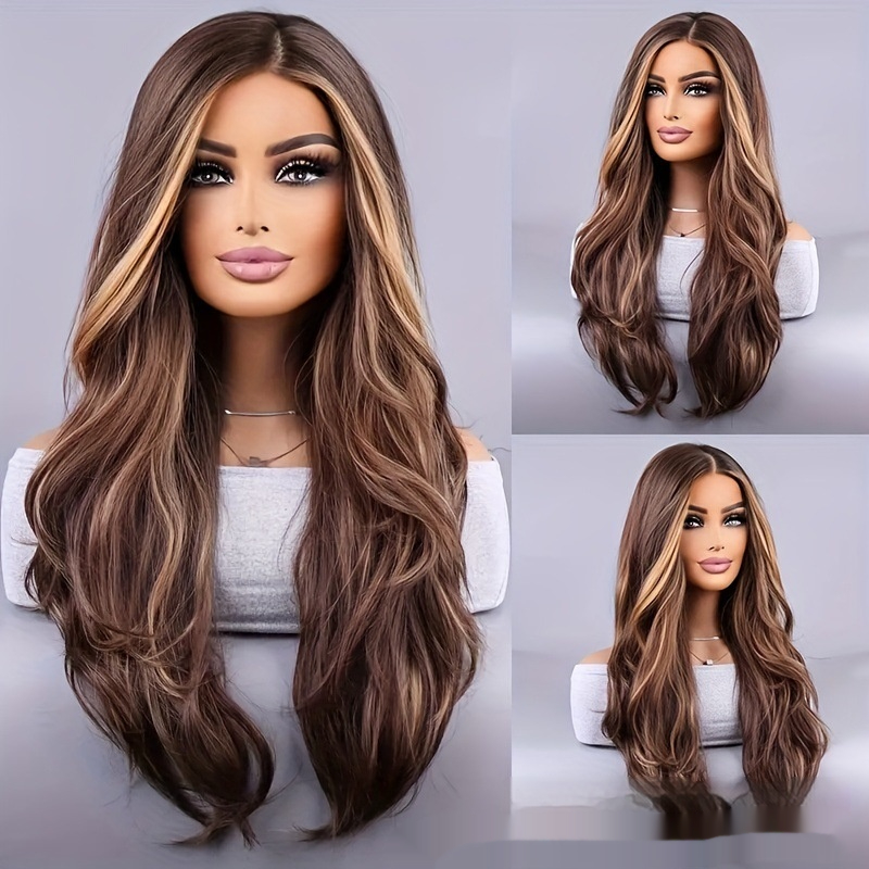 26-inch Stylish Women's Wig in Brown Mixed Color - Wavy Long Hair Synthetic Fiber with Rose Mesh Cap for Everyday Use