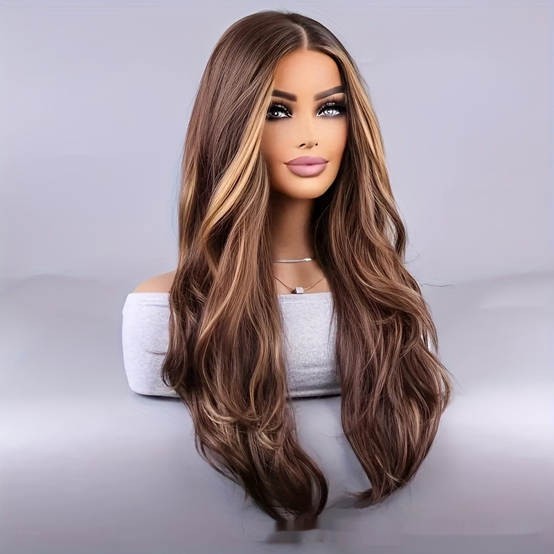 26-inch Stylish Women's Wig in Brown Mixed Color - Wavy Long Hair Synthetic Fiber with Rose Mesh Cap for Everyday Use - Image 2
