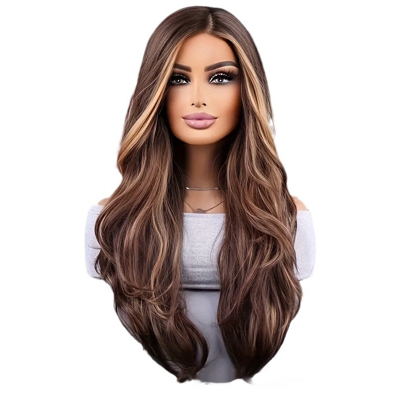 26-inch Stylish Women's Wig in Brown Mixed Color - Wavy Long Hair Synthetic Fiber with Rose Mesh Cap for Everyday Use - Image 3