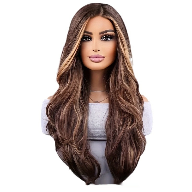 26-inch Stylish Women's Wig in Brown Mixed Color - Wavy Long Hair Synthetic Fiber with Rose Mesh Cap for Everyday Use - Image 4