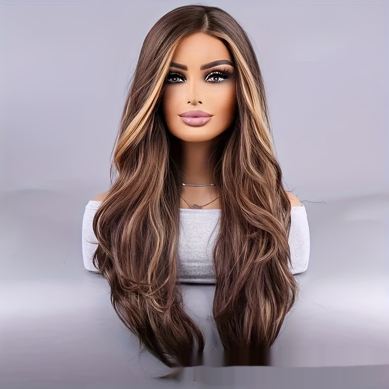 26-inch Stylish Women's Wig in Brown Mixed Color - Wavy Long Hair Synthetic Fiber with Rose Mesh Cap for Everyday Use - Image 5