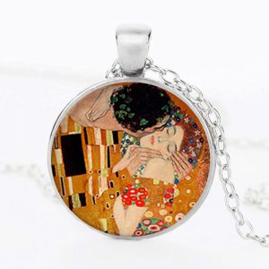 The Kiss Starry Night Sunflower Glass Necklace - Van Gogh & Klimt Round Pendant Chain for Women & Girls