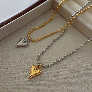 Gold and Silver Color Matching Titanium Steel Heart Bead Necklace for Women – Special-Interest Design