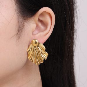Elegant Gold Stud Earrings with Simple Pleated Stainless Steel Design