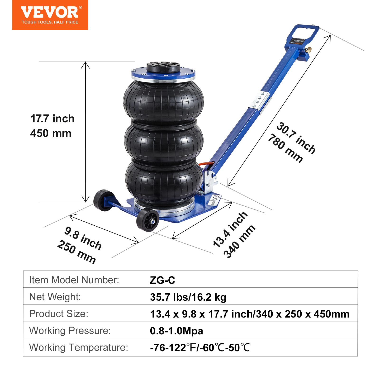 VEVOR 3 Ton Air Jack, 6600 Lbs Triple Bag Pneumatic Jack with Six Steel Pipes, Lifts Up to 17.7" - Fast 3-5 Seconds Lifting with Adjustable Long Handles for Cars and Garages (Blue) - Image 7