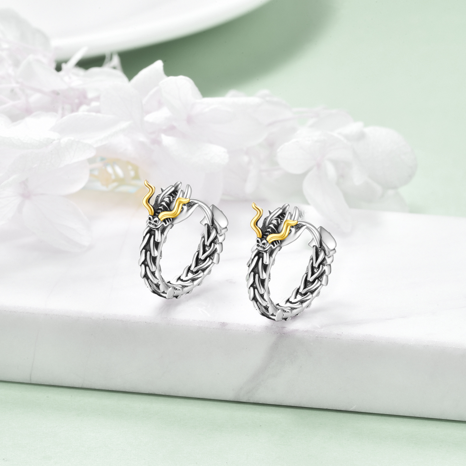 Sterling Silver Dragon Hoop Huggie Earrings - Perfect Jewelry Gifts for Men - Image 2