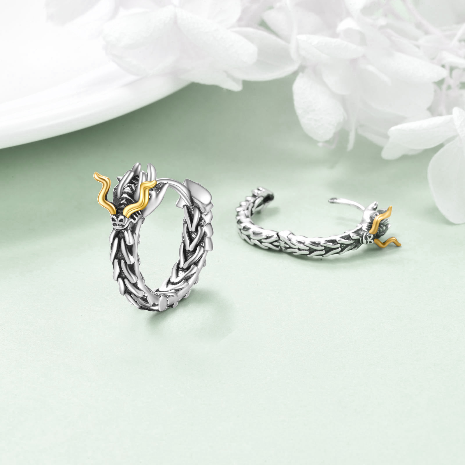 Sterling Silver Dragon Hoop Huggie Earrings - Perfect Jewelry Gifts for Men - Image 3