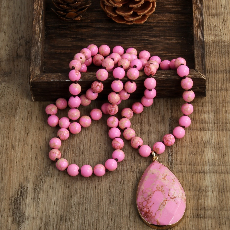 Bohemian 8mm Beaded Necklace with King Stone Water Drop Design