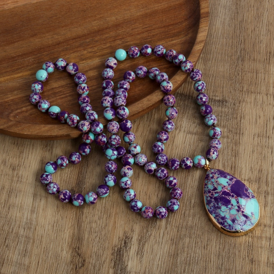 Bohemian 8mm Beaded Necklace with King Stone Water Drop Design - Image 2