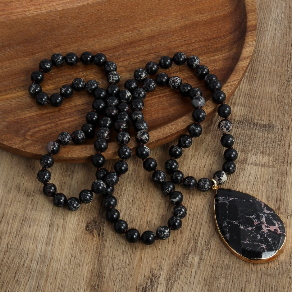 Bohemian 8mm Beaded Necklace with King Stone Water Drop Design - Image 3