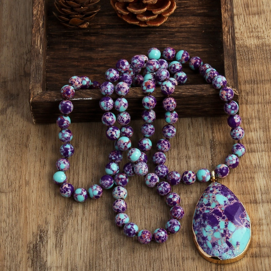 Bohemian 8mm Beaded Necklace with King Stone Water Drop Design - Image 9