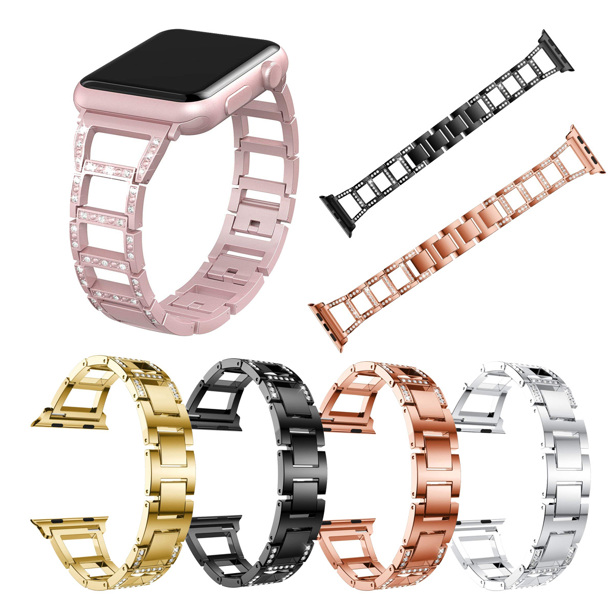 Stylish Trapezoidal Stainless Steel Diamond Watch Band for Elegance and Durability - Image 4