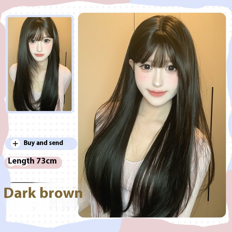 Natural Full-Head Wig for Women - Dark Brown Round Face Style - Image 6