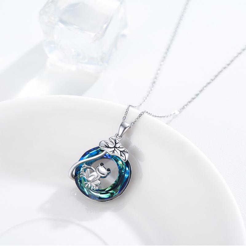 925 Sterling Silver Frog Lotus Leaf Necklace with Circle Crystal Pendant - Adorable Animal Jewelry Gift - Image 2