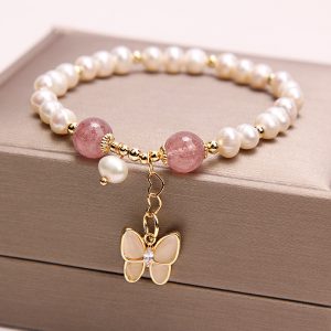Elegant Freshwater Pearl & Strawberry Quartz Bracelet with Opal Butterfly Charm for Women