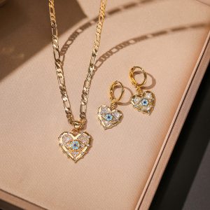 Stylish Copper Plated Real Gold Heart-Shaped Zircon Pendant Necklace & Earring Set - Fashion Jewelry Suite