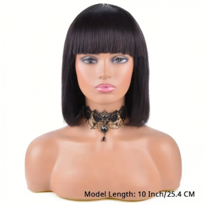 Brazilian Remy Non-toxic Wig - Straight & Short Black Hair, Human Hair Mechanism, Comfortable Non-sticky Wig with Bangs for Every Occasion