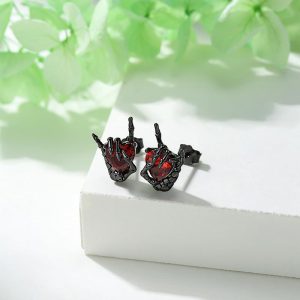 Vintage Dark Series Ghost Hand Gesture Heart Diamond Stud Earrings