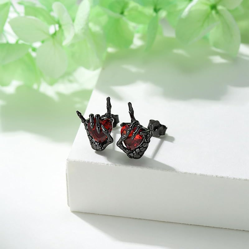 Vintage Dark Series Ghost Hand Gesture Heart Diamond Stud Earrings