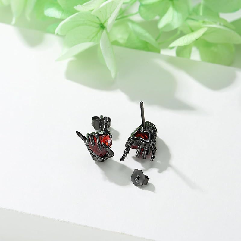 Vintage Dark Series Ghost Hand Gesture Heart Diamond Stud Earrings - Image 2
