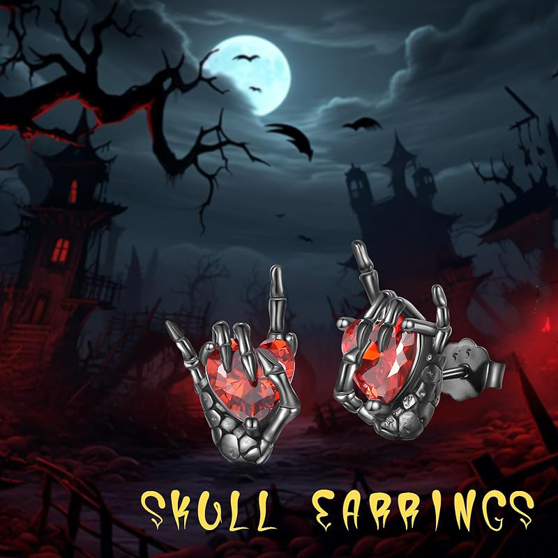 Vintage Dark Series Ghost Hand Gesture Heart Diamond Stud Earrings - Image 3